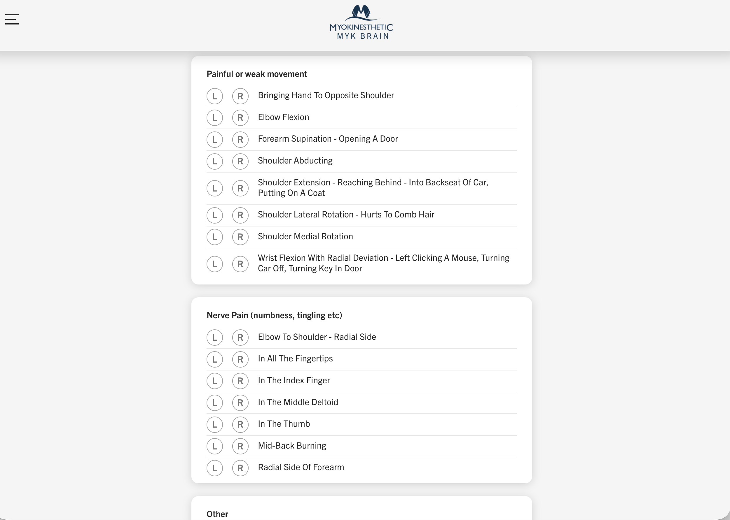 MYK Brain symptom confirmation screen used to verify that the patient's presentation matches the identified nerve pattern before treatment begins.