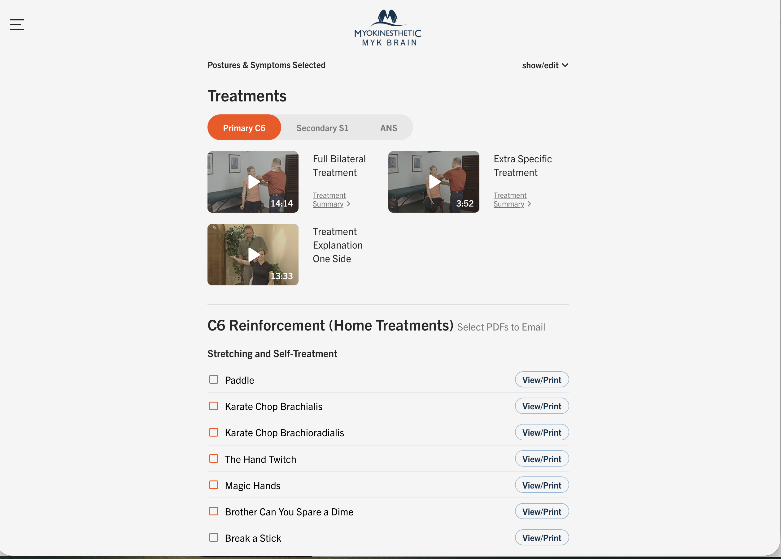 MYK Brain treatment screen showing guided treatment videos and images for the selected nerve pattern.