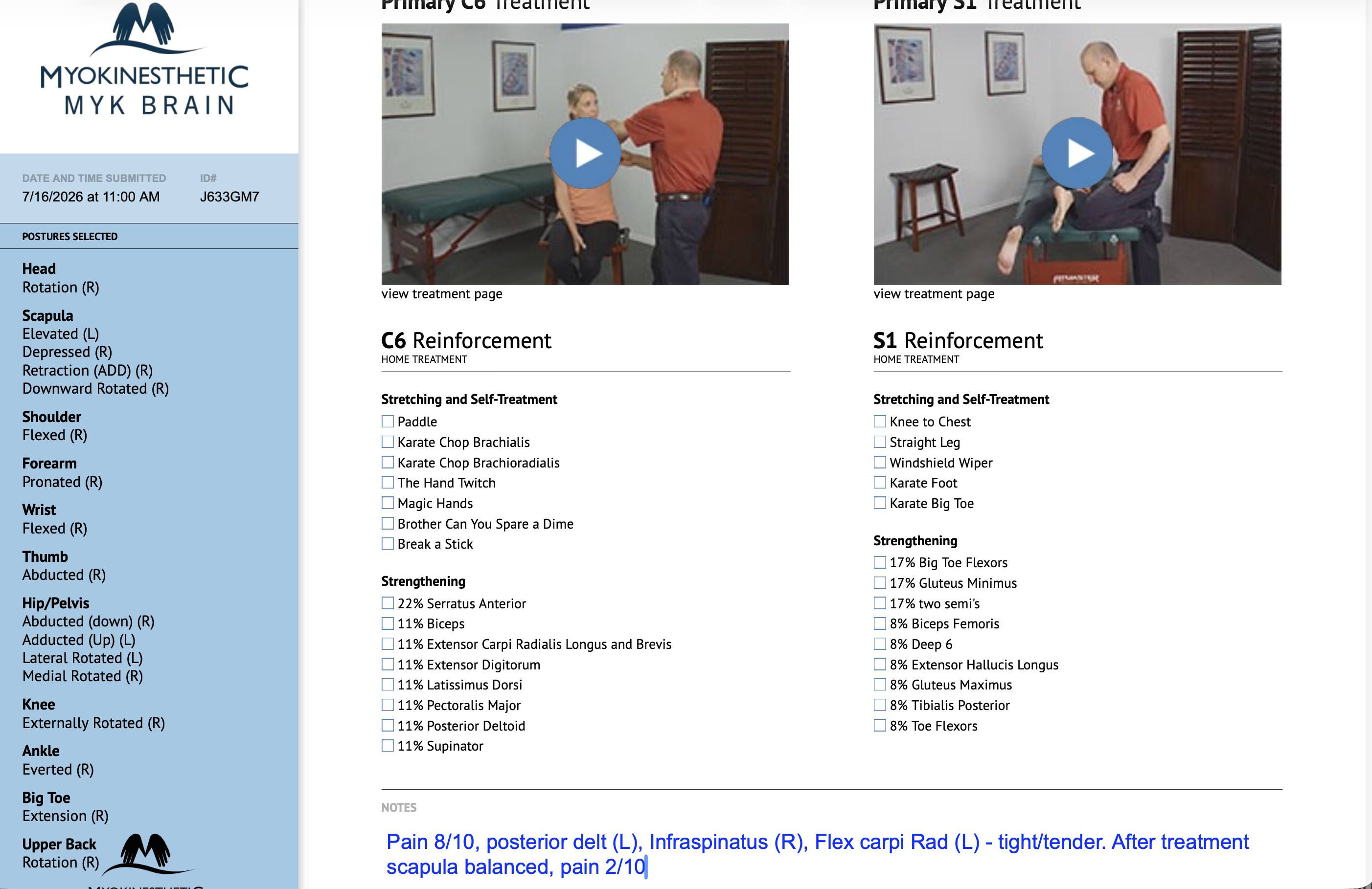 MYK Brain customizable patient report showing a writable PDF with evaluation findings, treatment recommendations, and strengthening exercises.